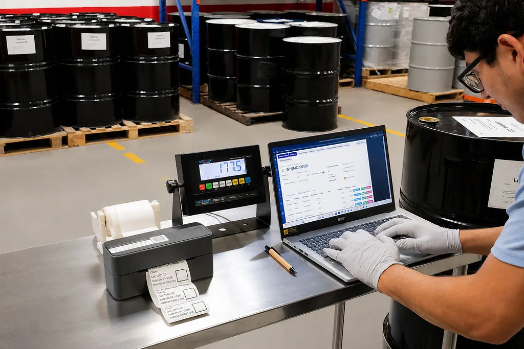 Batch weighing station with traceability software during quality control