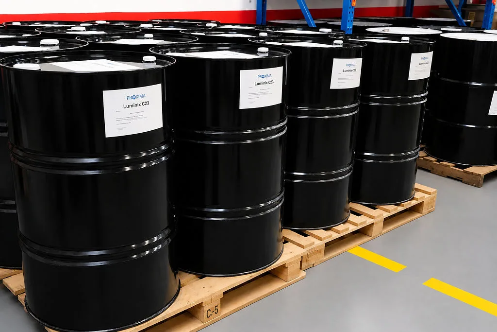 Palletized drums of finished product, labeled and ready for export