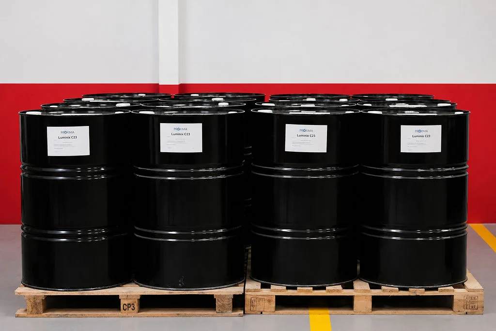 Labeled drums of finished product staged for export