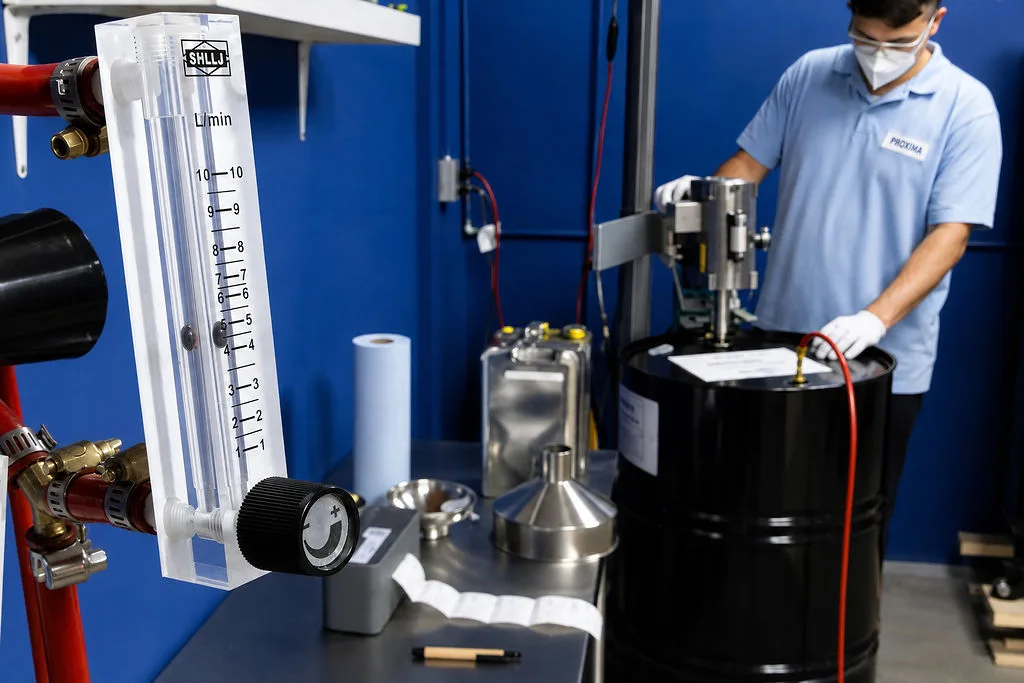 Operator at a flow meter station during drum filling at the Proxima plant