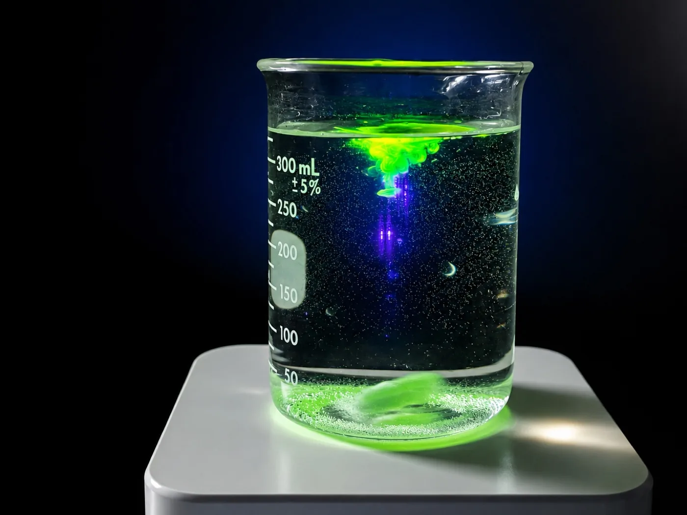 Fluorescent diagnostic dye entering a beaker under UV light in the Proxima laboratory