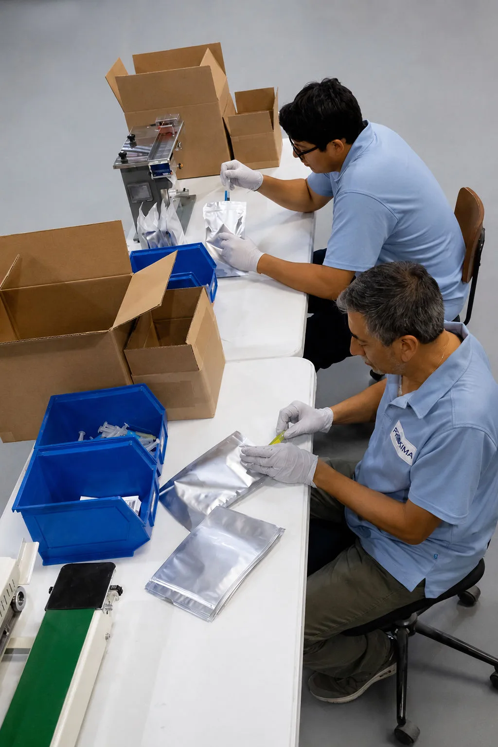Packing finished pouches into boxes